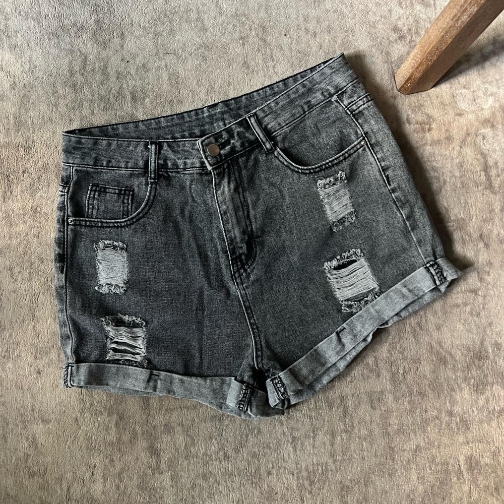 Distressed Black Denim Shorts